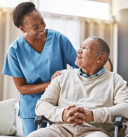 Help, support and wheelchair with nurse and old man for disability, rehabilitation or healing. Retirement, physiotherapy and healthcare with patient and black woman nursing home for medical caregiver